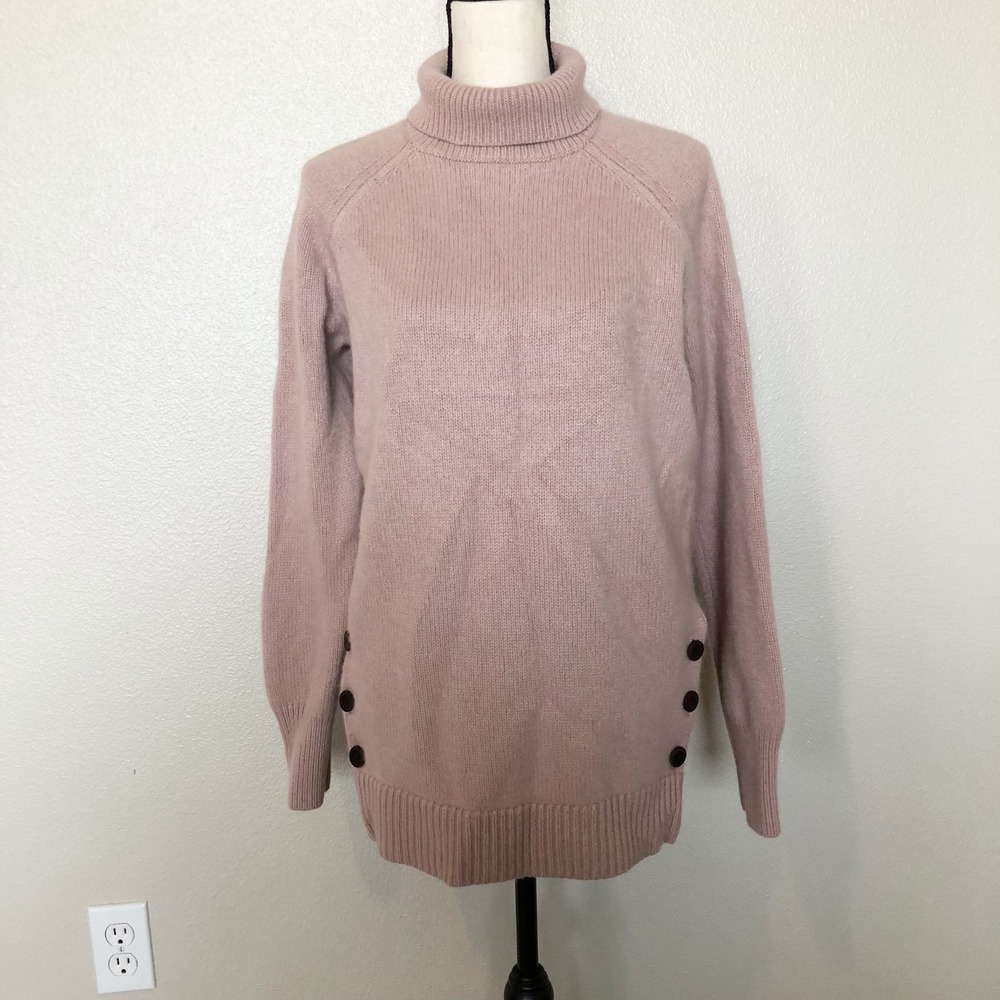Garnet Hill Sweater Womens Medium 100% Cashmere Turtleneck Side Button Pink